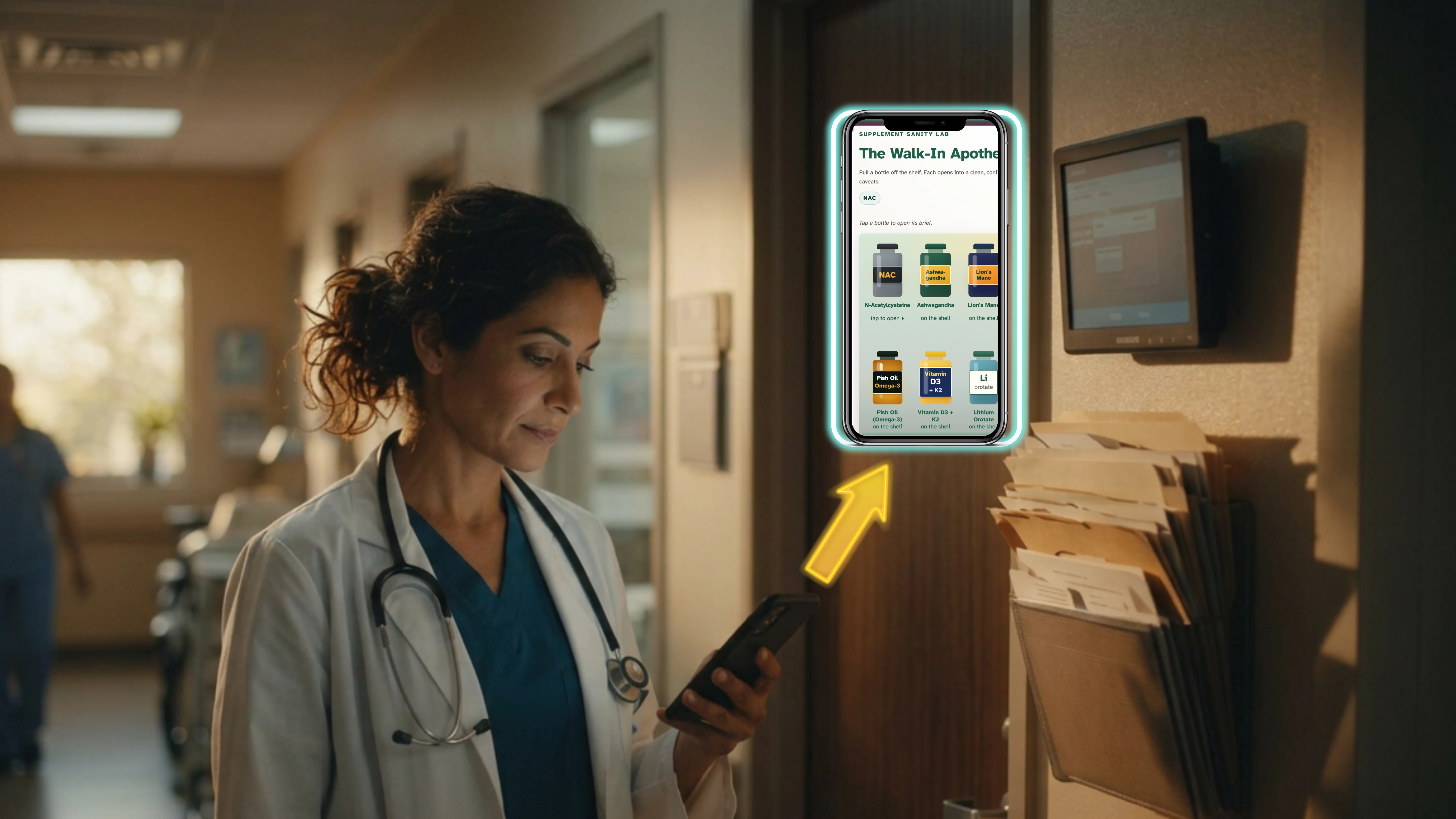 A clinician in a hospital corridor opening the Supplement Sanity Lab walk-in apothecary on her phone